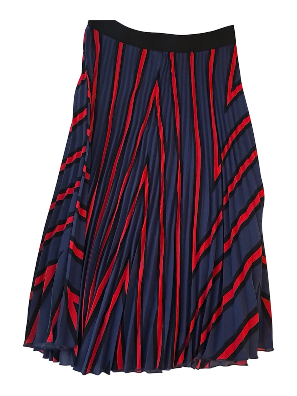 H&M Navy Pleated Midi Skirt with Red and Black Stripes